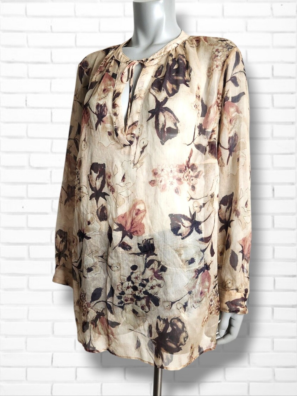 Lauren Ralph Lauren Neutral Tan Tones Floral Sheer Tunic Popover Blouse Size 2X